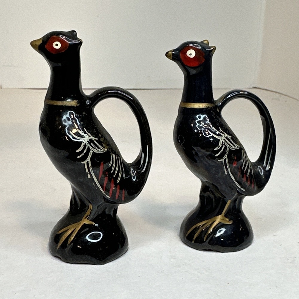 Relco Redware Japan Vintage Black Pheasants Birds Salt and Pepper Shakers 1950s